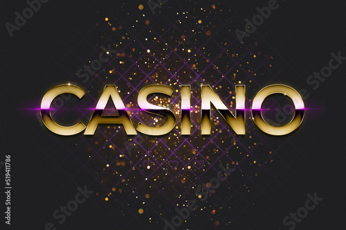 Word Casino and shiny golden glitter falling down against black background. Bokeh effect