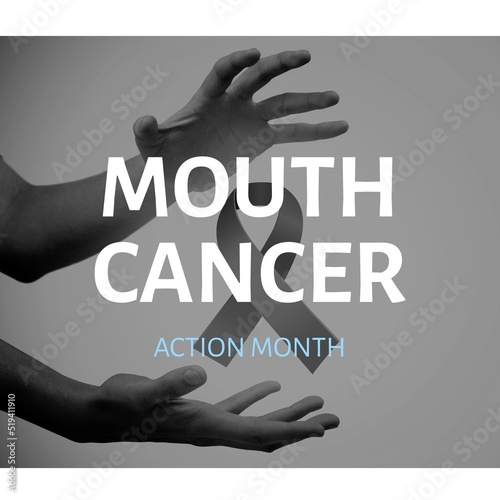 Image of mouth cancer action month and hands of caucasian woman with ribbon photo