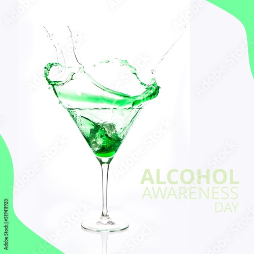 Composition of alcohol awareness day text with drink on white background