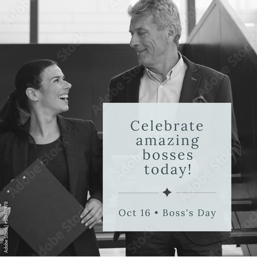 Composition of clebrate amazing bosses today and oct 16 boss's day text over diverse business people photo