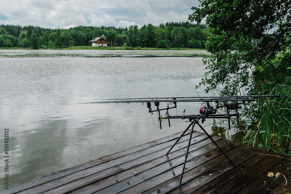 Fishing rods for carp fishing with signaling devices on holder. Rod pod. Fishing for pike, perch, carp on background of lake and nature.  Misty morning. Wilderness area. Fishing in rainy weather, rain