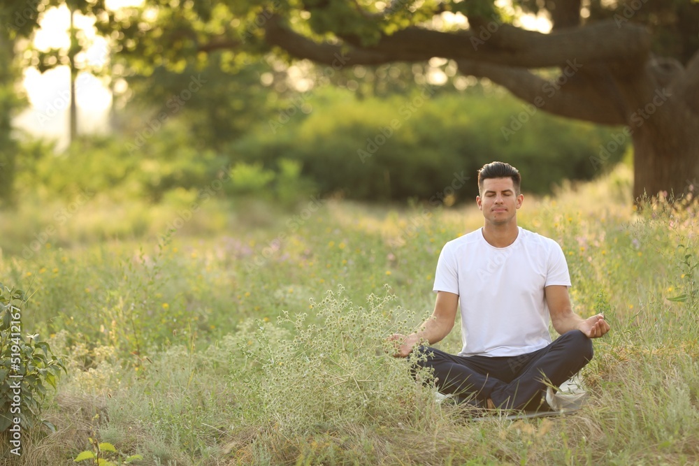 Man meditating on green grass in park, space for text Man meditating on green grass in park, space for text
