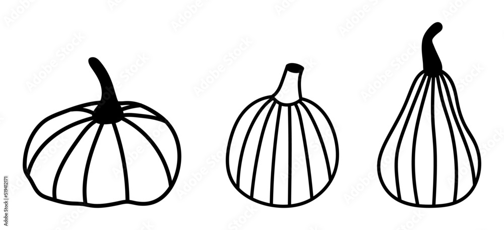 Isolated doodle pumpkin set. Vector icons, hand-drawn pumpkin stickers. Autumn harvest illustration, thanksgiving, halloween Isolated doodle pumpkin set. Vector icons, hand-drawn pumpkin stickers. Autumn harvest illustration, thanksgiving, halloween