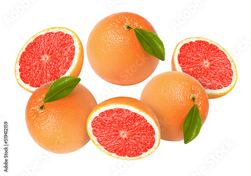 Tasty ripe grapefruits falling on white background