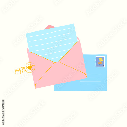 Letters, cards and envelopes. Hand-drawn postal cards and envelopes with post stamps. Greetings from a friend, sending love concept in trendy flat style