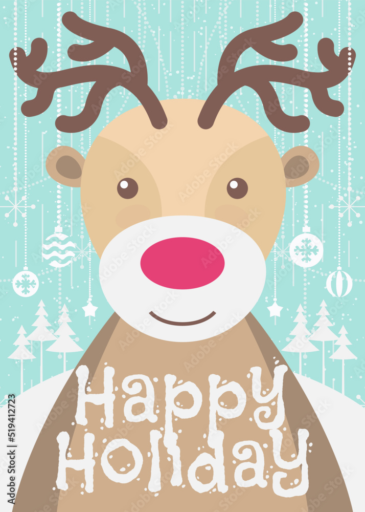Naklejka premium Christmas greeting card with cute deer and sign happy holiday on green holiday background with snowflake and christmas toy flat color style. Cartoon illustration. Vector Illustration