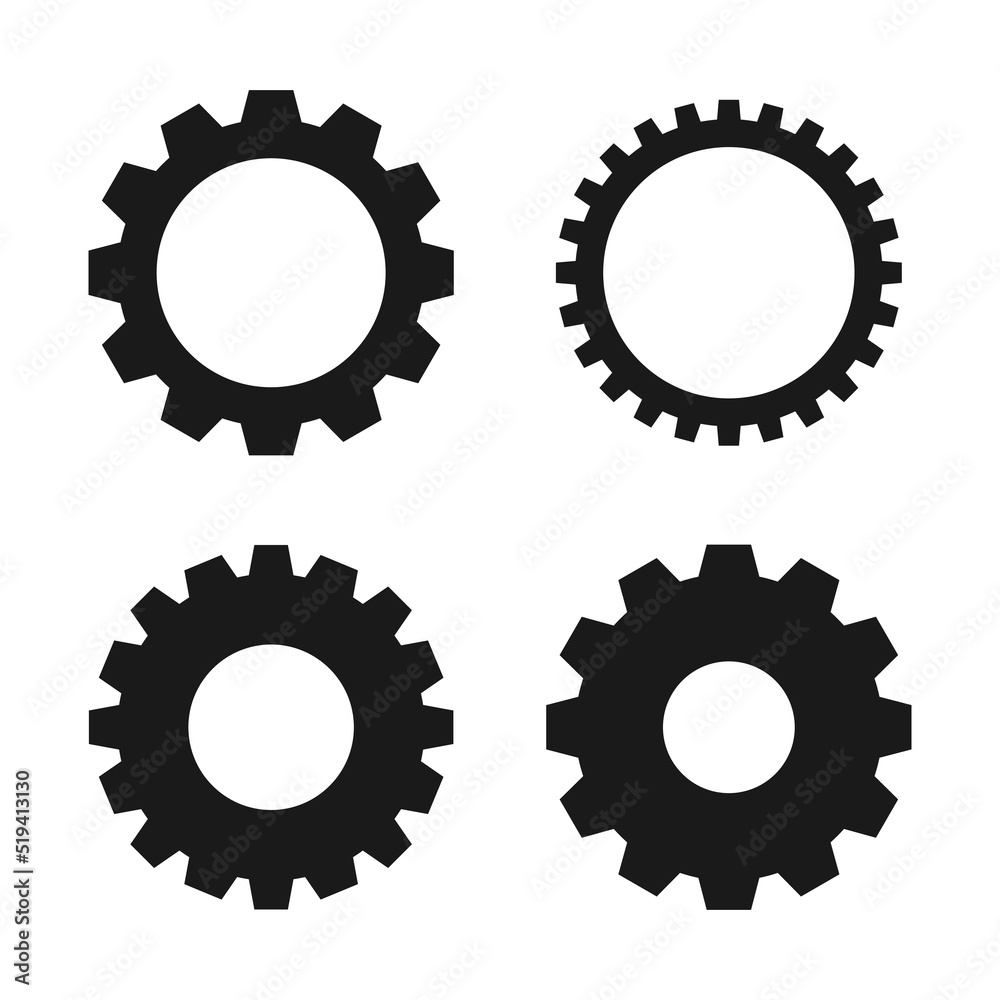 Gear setting vector icon set. Isolated black gears mechanism and cog wheel on white background. Progress or construction concept. Cogwheel icons. Vector illustration Gear setting vector icon set. Isolated black gears mechanism and cog wheel on white background. Progress or construction concept. Cogwheel icons. Vector illustration