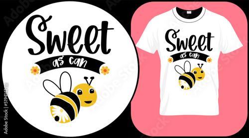 Sweet as can bee, funny bee quote isolated on white background. Honey bee hand drawn lettering. Sweet honey love summer quote saying. Typography vector print illustration for t shirt, card, poster.