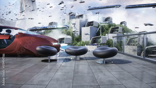 Futuristic city. flying car traffic. megapolice. Future concept. 3d rendering.