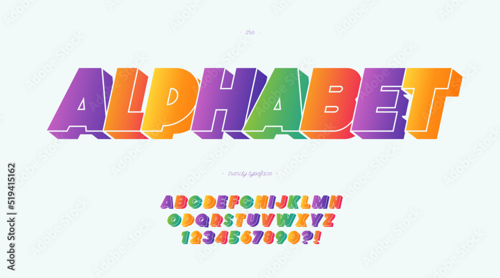 Vector alphabet 3d bold style for banner, infographics, motion graphic, party poster, book, music, t shirt, flyer, decoration, printing, industrial. Cool typeface. Trendy font. 10 eps