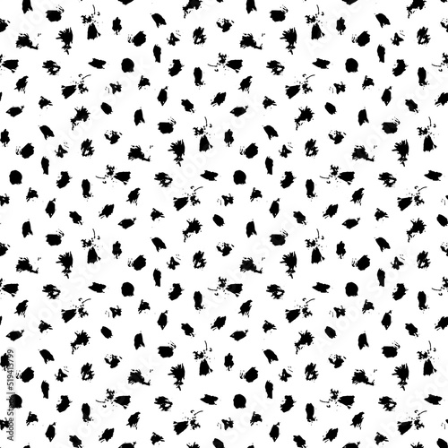 Small black ink blots isolated on white background. Monochrome spotted seamless pattern. Vector simple flat graphic hand drawn illustration. Texture.