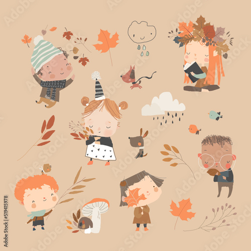 Set of Happy Cartoon Kids enjoying Autumn