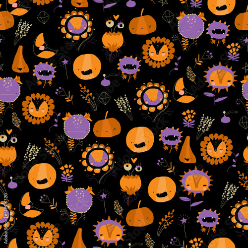 Seamless Pattern with Different Halloween Elements And Characters