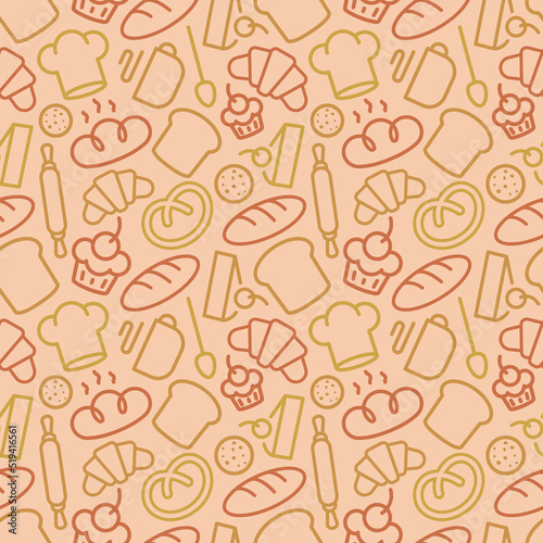 Bakery seamless pattern consisting of baking accessories and food line style different color for use decoration identity loaf store, coffee shop, food market, cafe etc. Vector Illustration