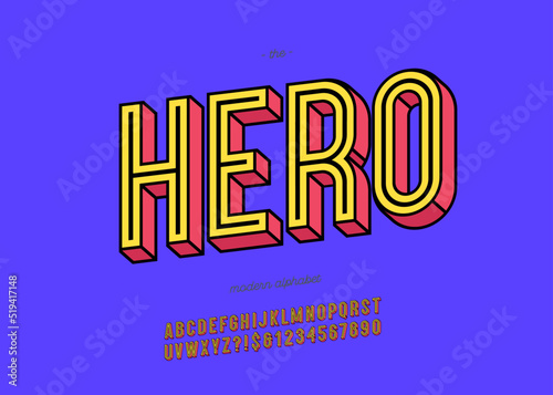 Hero alphabet 3d bold trendy typography colorful style for decoration, logo, party poster, t shirt, book, card, sale banner, printing on fabric, stamp. Cool font. Modern typeface. Vector 10 eps