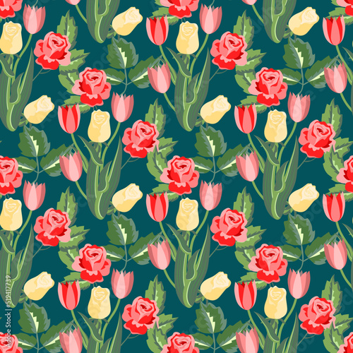 Vector - flower bouquet seamless pattern, roses and tulips illustration.