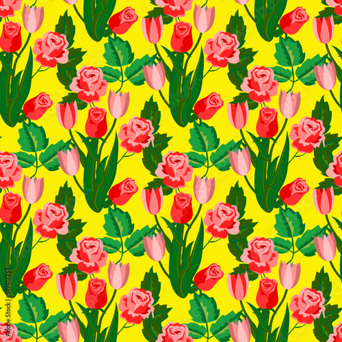 Vector - flower bouquet seamless pattern, roses and tulips illustration.