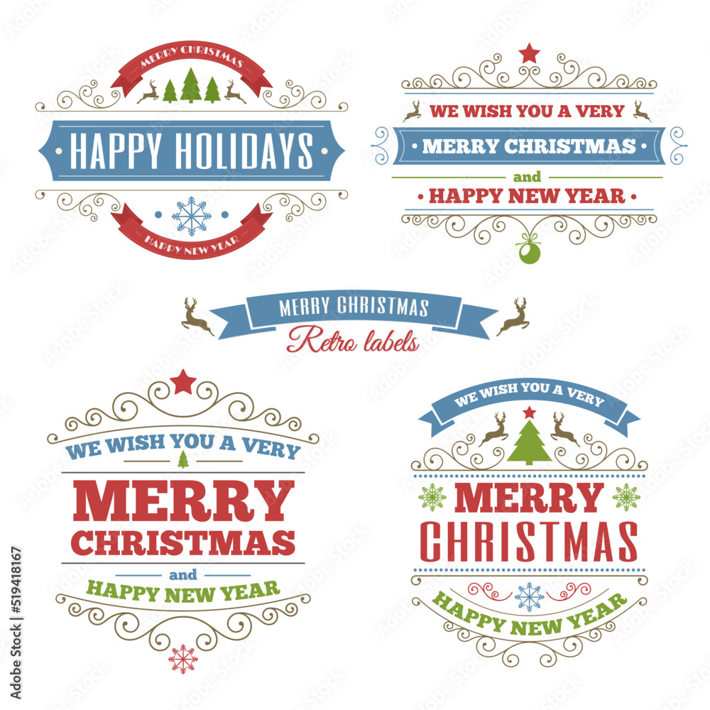 Merry Christmas vintage color labels. Christmas ball, deer, sweets, fir -tree, ribbons, horns, and gift isolated on white background. Vector Illustration