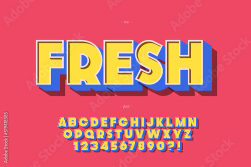 Fresh font 3d bold typography colorful style for decoration, logo, party poster, t shirt, book, card, sale banner, printing on fabric, stamp. Cool alphabet. Modern typeface. Vector 10 eps