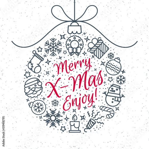 Christmas greeting card with ball consisting sign Merry X mas enjoy and holiday icons - santa, gift, snowflake, snowman, candle, wreath, sock on snow holiday background. Vector Illustration