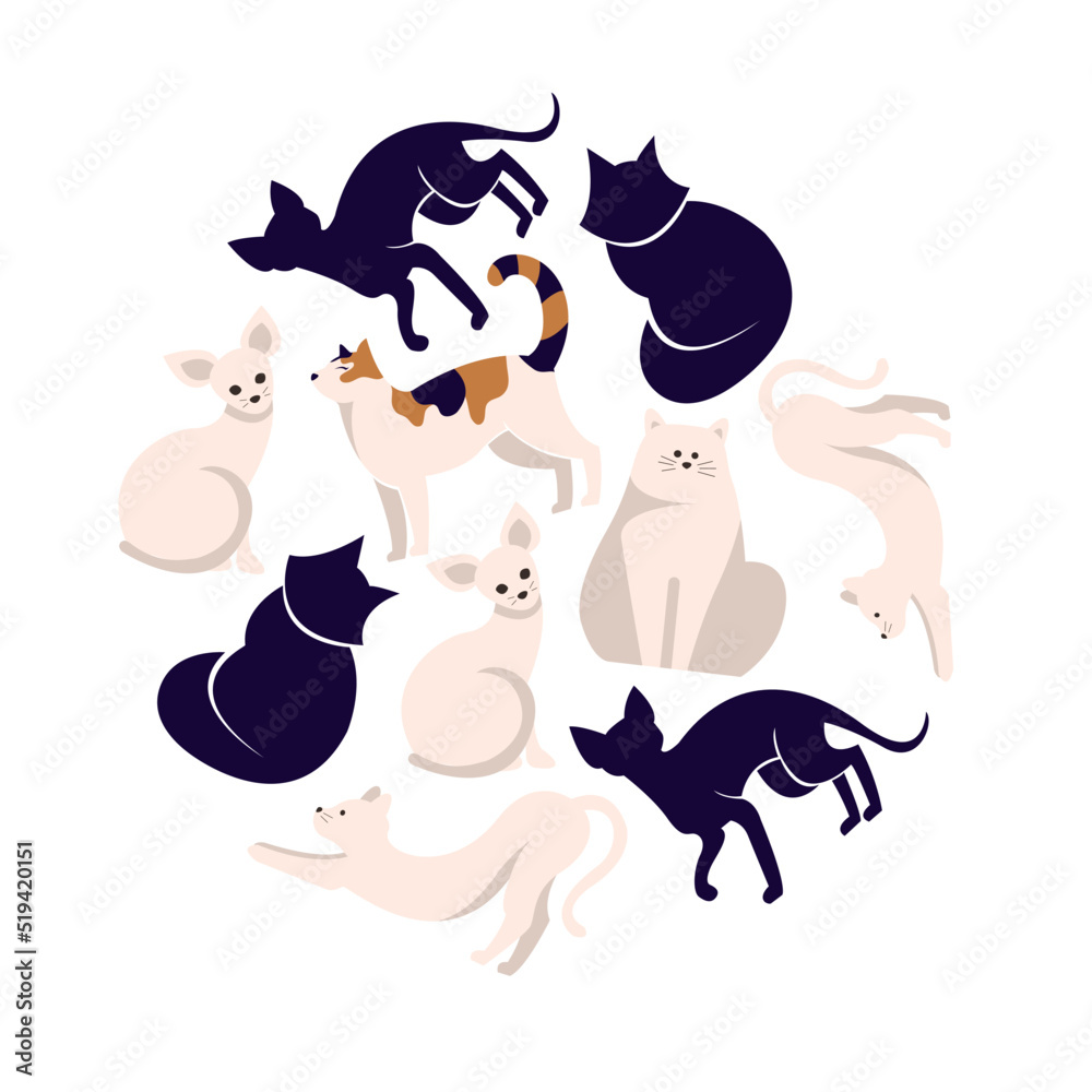 Set of icons with cats. Flat design vector. Variety breeds cats in different poses sitting, standing, stretching, lying. For veterinary clinic, pet shop advertising concept. Collection of kittens Set of icons with cats. Flat design vector. Variety breeds cats in different poses sitting, standing, stretching, lying. For veterinary clinic, pet shop advertising concept. Collection of kittens