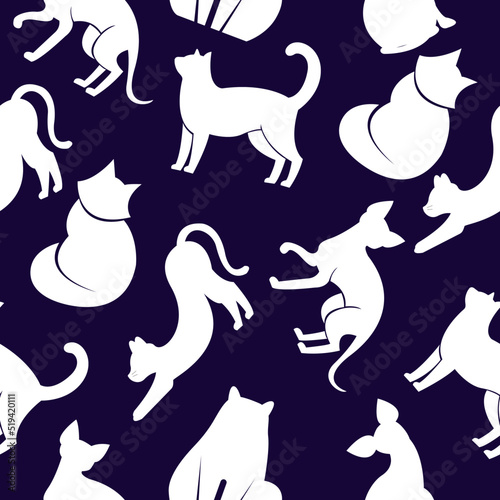 Seamless patten with cats. Flat design vector. Variety breeds cats in different poses sitting, standing, stretching, lying. For veterinary clinic, pet shop advertising concept. Collection of kittens