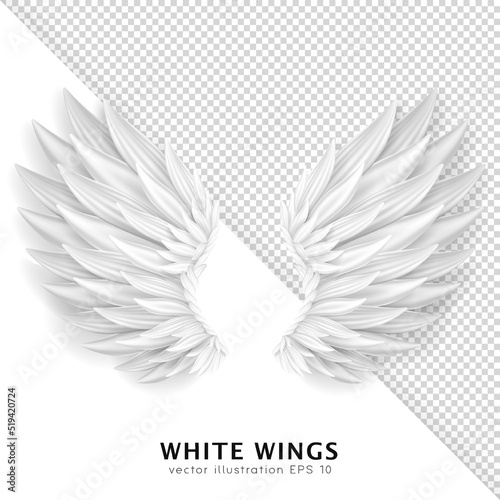 Three dimensional white angel wings. Masquerade, festival, carnival costume. Realistic bird wings isolated on transparent background. Freedom, spiritual concept. Vector illustrator EPS 10