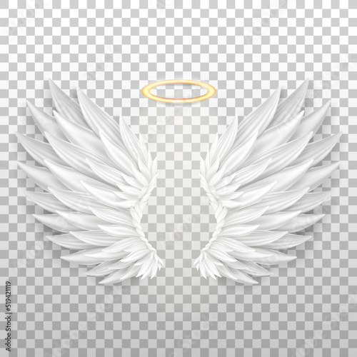Three dimensional angel white wings and shiny nimbus. Masquerade, festival, carnival costume. Realistic  saint aureole (halo) and wings isolated on transparent background. Vector illustrator EPS 10