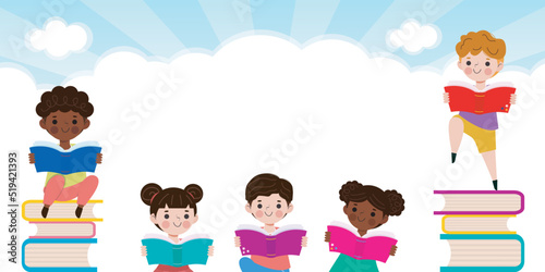 back to school with school kids reading book education concept, cartoon happy children background banner Template for advertising brochure, your text, child and frame isolated Vector Illustration