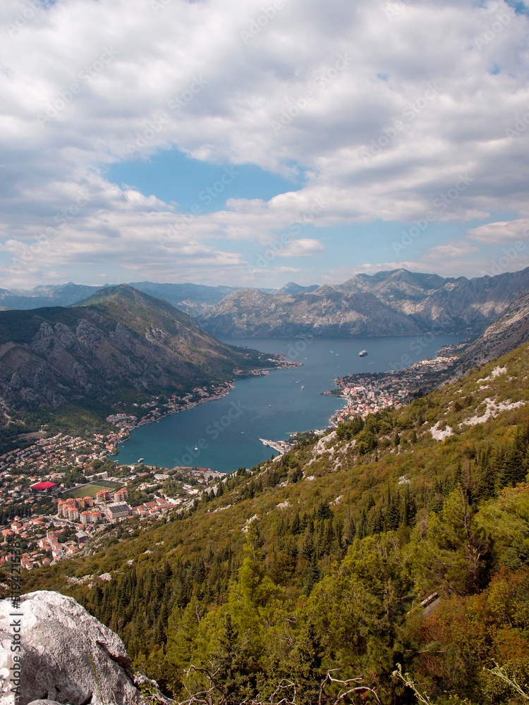Panoramic view of the Bay of Kotor, town Kotor, Montenegro