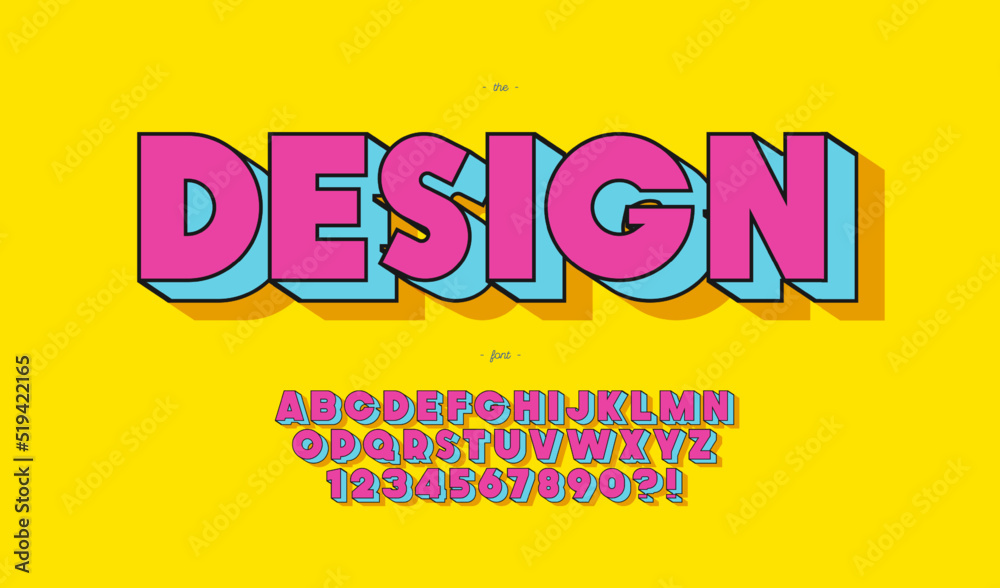 Vector design font pop art style for banner, infographics, motion graphic, party poster, kids book, t shirt, flyer, decoration, printing on fabric, industrial. Cool typeface. Trendy alphabet. 10 eps