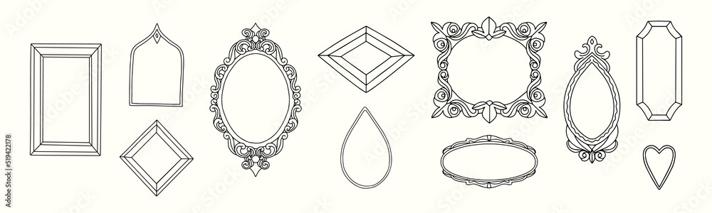 A collection of various hand drawn frames and borders of different sizes and shapes.  Vector illustration. All elements are isolated.