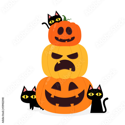 Cute black cat and Pumpkin head in Halloween day. Happy Halloween greeting card with cute black cat and spooky pumpkin. Animal holidays cartoon character. © Supakorn