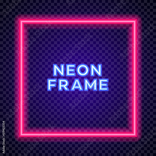 Vector square neon frame on transparent background for poster party, cafe, shop, banner, promotion, restaurant. Bright signboard red color. 10 eps