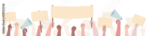 People protest. Hands holding empty protest posters. Social political emonstration. Vector illustration of manifesting activists.