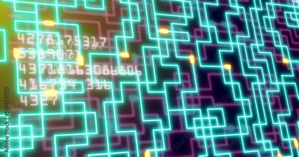 Animation of neon integrated circuit and data on green background
