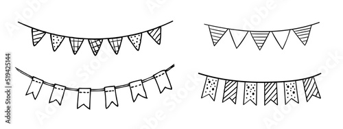 Doodle party bunting flags set for decoration. Black line sketch garlands. Hand drawn vector illustration. Doodle party drawing. Celebration bunting