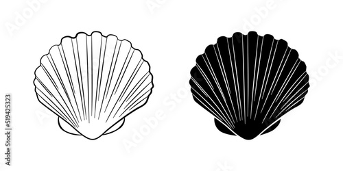 Sea shell, scallop vector illustration set. Seashell outline and silhouette icons. Clam doodle. Scallop closed shell drawing