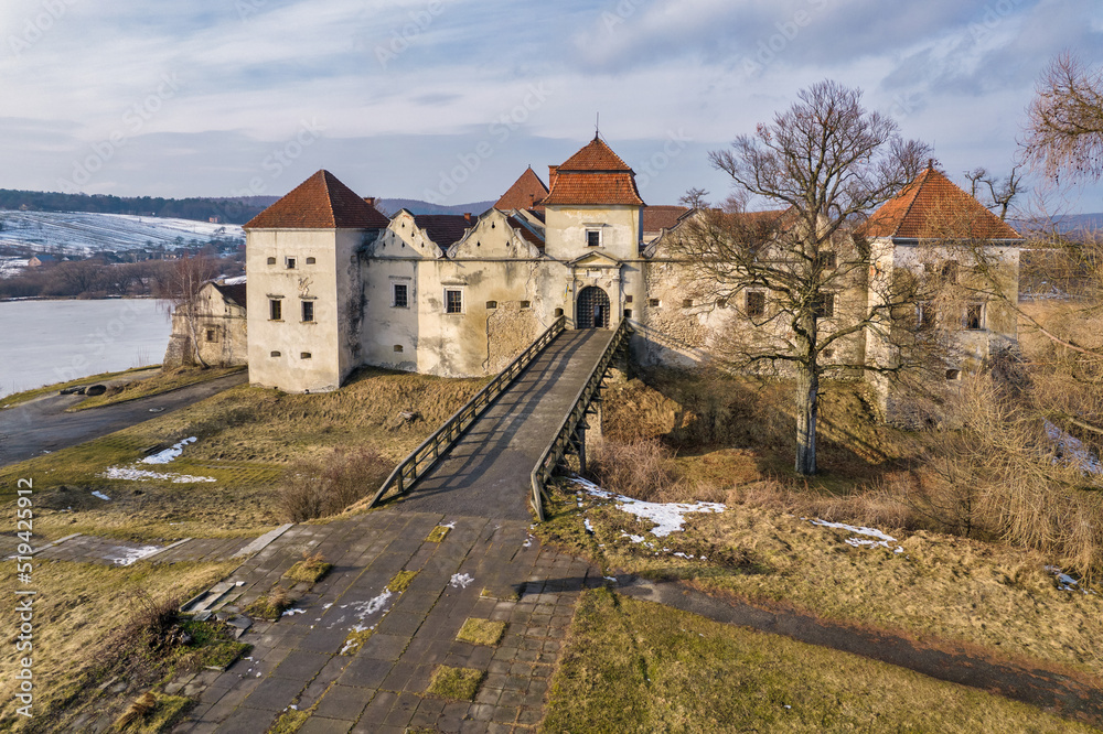 Aerial view over Svirzh Castle in Lviv region, Ukraine.