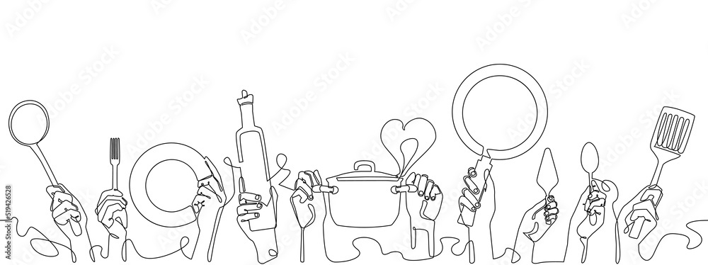 Cooking Background. Restaurant poster. Horizontal seamless pattern with Hands Holding different Kitchen Utensils. Vector illustration. Continuous line drawing style. - obrazy, fototapety, plakaty 