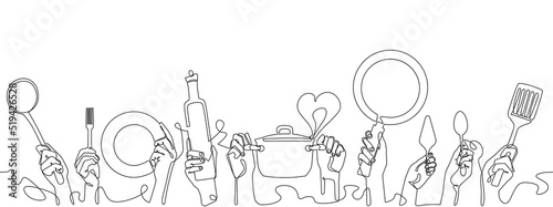 Cooking Background. Restaurant poster. Horizontal seamless pattern with Hands Holding different Kitchen Utensils. Vector illustration. Continuous line drawing style.
