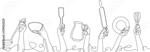 Hands Holding different Kitchen Utensils. Cooking Background. Restaurant poster. Vector illustration.