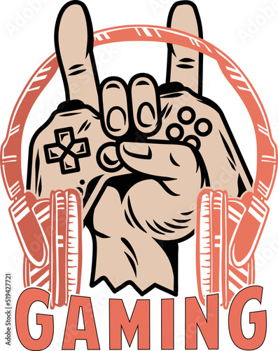 Video games related t-shirt design. Hand drawn joystick gamepad controller. Hardcore gamer quote text phrase quotation. Vector vintage illustration.