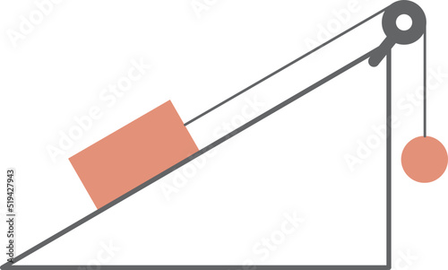 Isolated vector illustration of compound machine pulley and inclined plane. Two loads joined in counterweight by a pulley on a ramp with a 30º inclination.