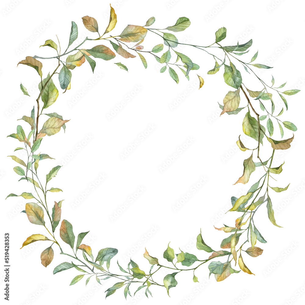 Decorative autumn wreath with juicy vibrant withered leaves. Watercolor hand painted botany decoration for greeting cards and designing with copy space