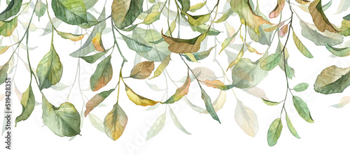 Long seamless banner with autumn colored withered leaves. Watercolor hand painted botany leaves. Banner header for designing greeting cards photo