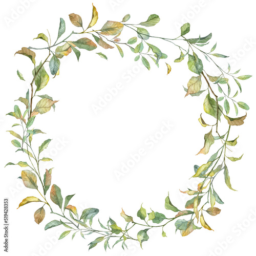 Decorative autumn wreath with juicy vibrant withered leaves. Watercolor hand painted botany decoration for greeting cards and designing with copy space