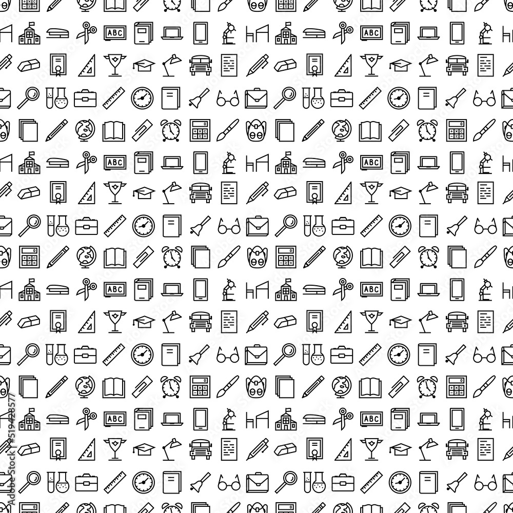 vector education seamless pattern with line icons school supplies for decoration, promotion. School Background. Super sale banner shopping. 10 eps