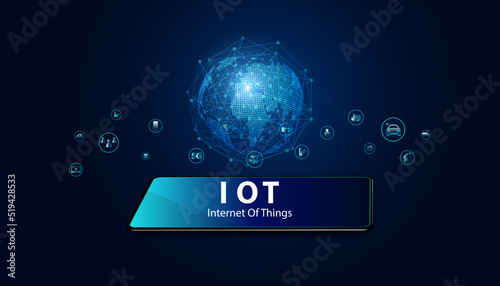 Abstract Internet of things Concept phone and world 5G.IoT Internet of Things communication network Innovation Technology Concept Icon. Connect wireless devices and networking Innovation Technology.