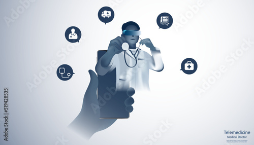 Abstract health consist doctor white mesh with stethoscope and VR Glasses and hand holding a phone digital technology concept telemedicine online doctor modern medical technology,Treatment,medicine